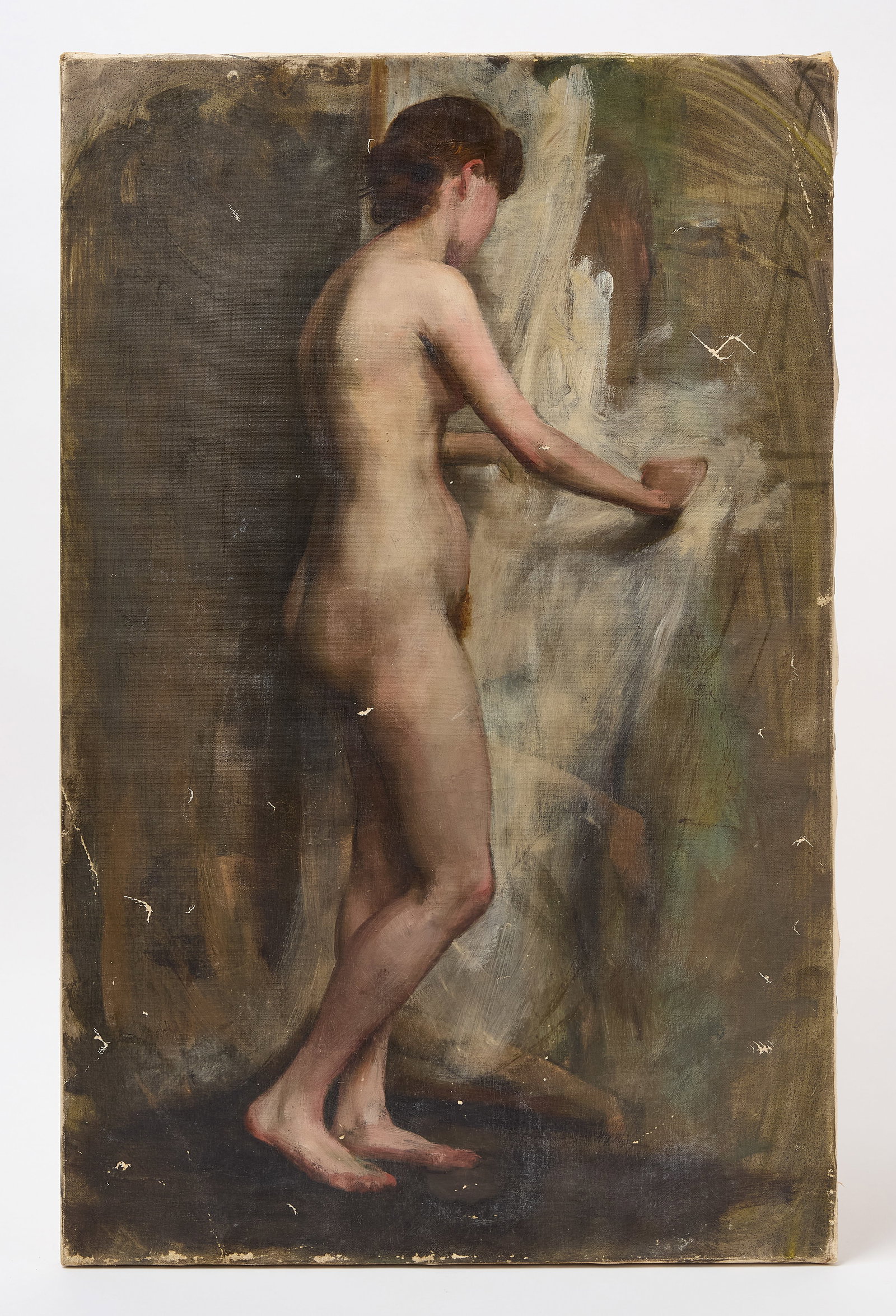 Fannie C. Burr - Standing Nude: Fannie C. Burr (1858-1931, born Monroe, Connecticut), Standing nude painting. Oil on canvas, unsigned, unframed. Figure and portrait subjects are traditionally associated with Fannie's hand per th