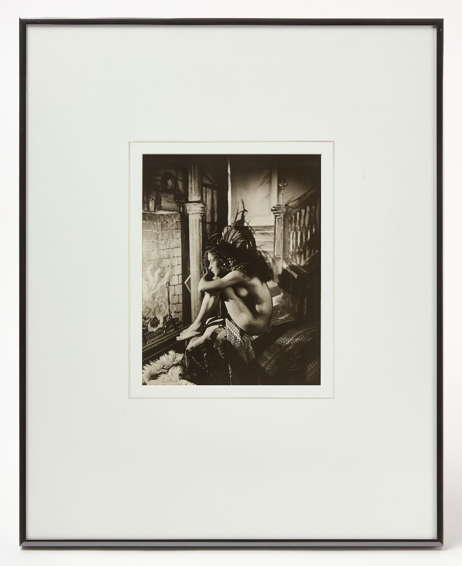 James Van Der Zee - Studio Nude Photograph: James Van Der Zee (American, 1886–1983) - studio portrait nude of a woman, depicting sitting with her knees to her chest, intently watching a fireplace. 1980s reprint from a 1930s negative. 