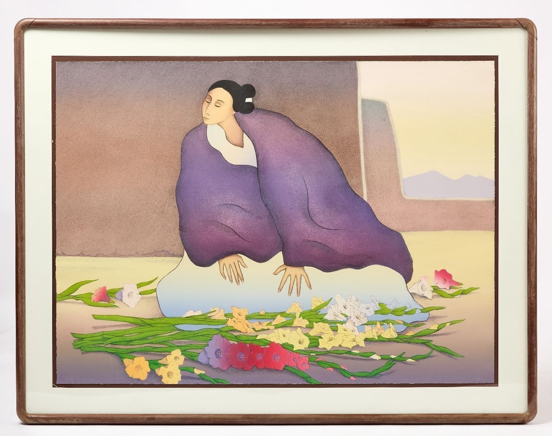 R. C. Gorman - Taos Flowers: Rudolph Carl Gorman (1931–2005), 'Taos Flowers' colored stone lithograph. Numbered limited edition 122/224 to LR. Signed to LL. Southwestern US, circa 1990. Frame: H 41-1/2 in. W 53-1/2 