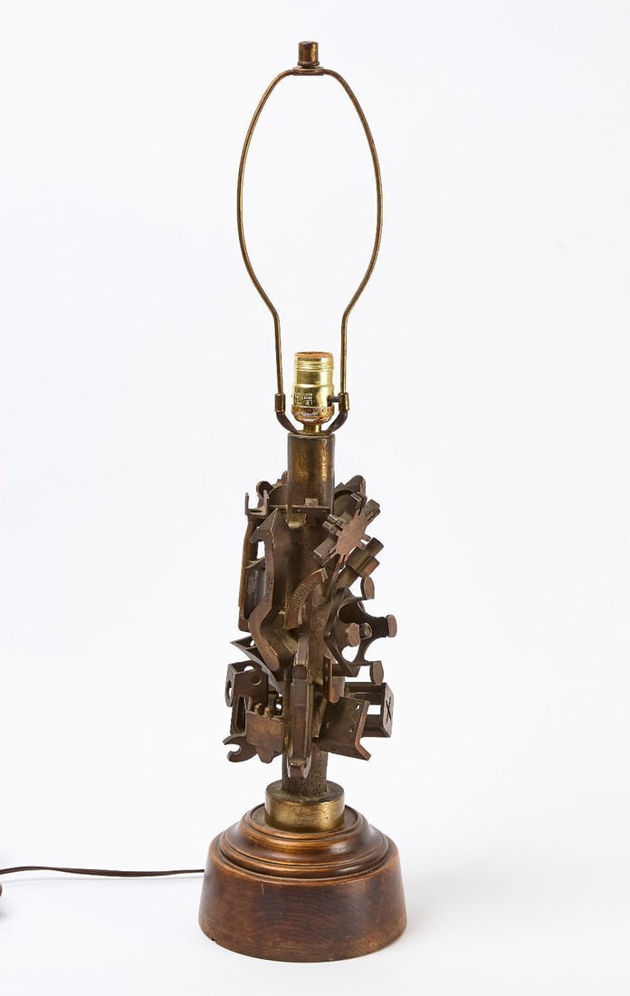 Brutalist Lamp - Boeing Castings: Brutalist lamp made by Bell Aeronatics for Boeing Castings. Created as a retirement gift around 1950. Many parts on the casting stem are marked Boeing. Cast brass with a wood base. H minus shade