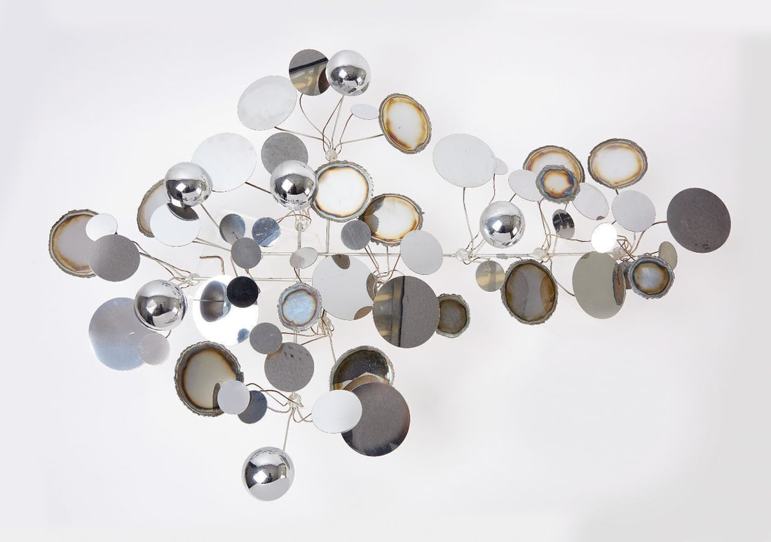 Curtis Jere - 'Raindrops' Wall Sculpture: Curtis Jere - 'Raindrops' wall sculpture. Polished and burnished chrome, chromed metal disks and half-globes, original finish. Signed and dated 1975. H 37-1/2 in. W 25 in. 