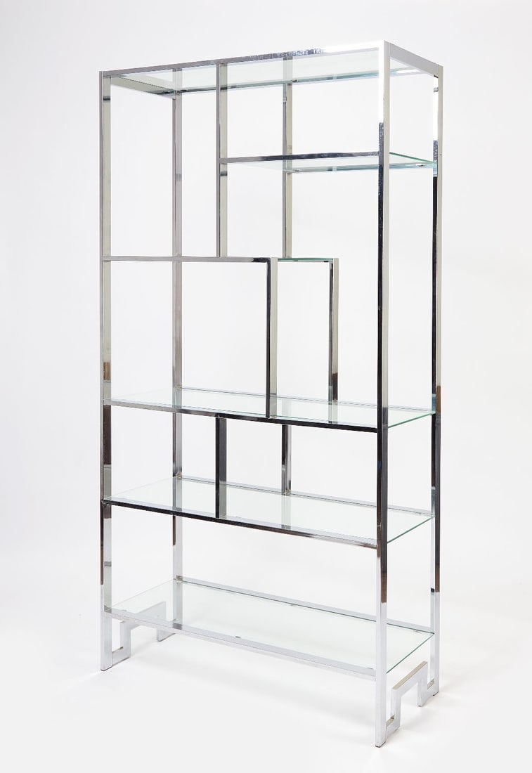 Milo Baughman for DIA - Chrome Etagere: Étagère with six glass shelves, designed by Milo Baughman (1923-2003) for Design Institute of America (DIA). Chrome-plated steel construction. American, 1970s. Measurements: H 79 in. W