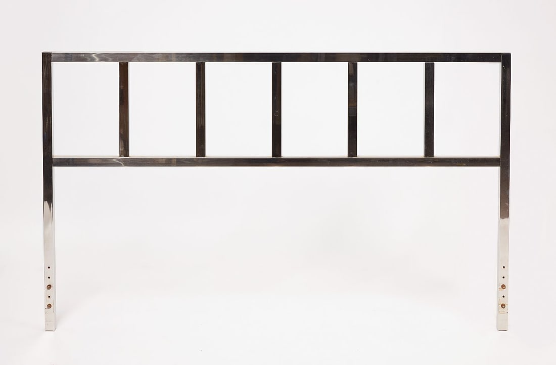 Milo Baughman Chrome Headboard: Chrome Headboard designed by Milo Baughman (1923-2003). Chrome-plated steel construction, standard queen size width. United States, circa 1970. H 36-1/8 in. W 60 in. D 1-1/4 in.