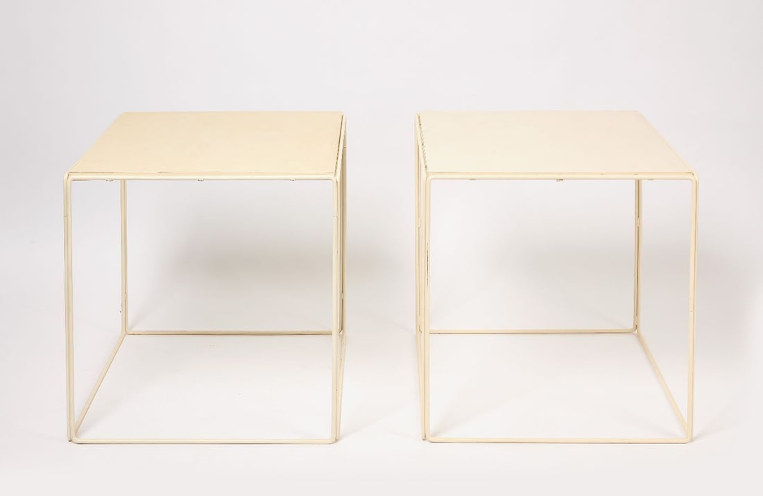 Pair of Max Sauze Style Cream White Cube Tables: Pair of stacking/nesting cube tables, in the style of Max Sauze (French, b. 1933). Cream white enameled wire frames with color-matched laminate wood tops. French, circa 1970. H 24-1/2 in. Top: L 24