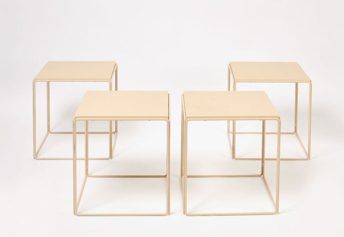 Set of Four Max Sauze Style Tan Cube Tables: Set of four stacking/nesting cube tables, in the style of Max Sauze (French, b. 1933). Light tan enameled wire frames with color-matched laminate wood tops. French, circa 1970. H 18-1/2 in. Top: L