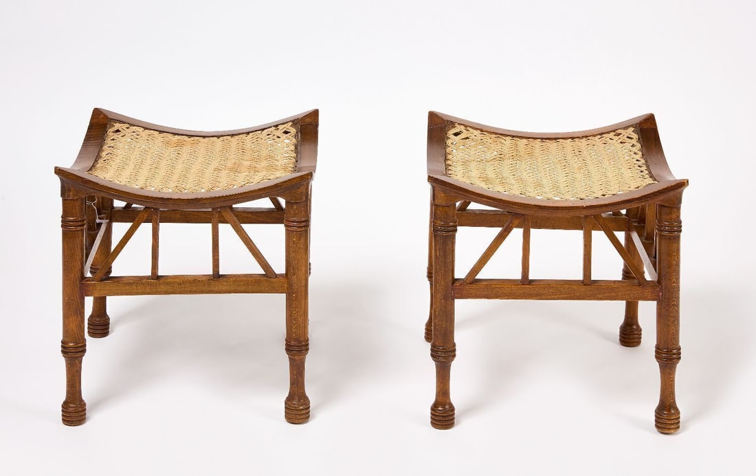 Pair of Thebes Stools: Pair of Thebes stools. Wood with original woven seats. English, early 20th century. H 15-1/8 in. W 14-3/4 in. D 14-3/4 in.