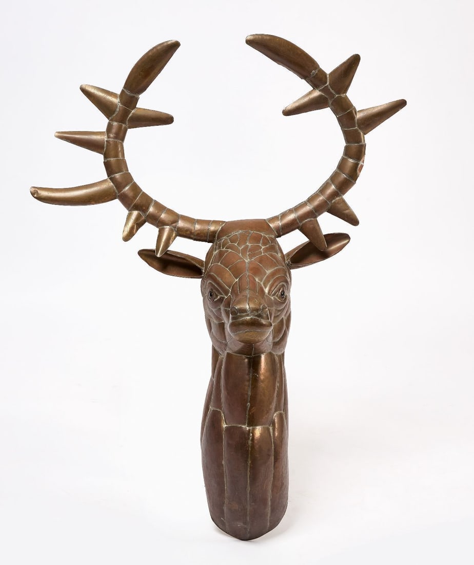 Sergio Bustamante Stag Head: Sergio Bustamante (Mexico, b. 1949), stag head sculpture. Copper construction. circa 1980. H 41-1/2 in. W 31 in.