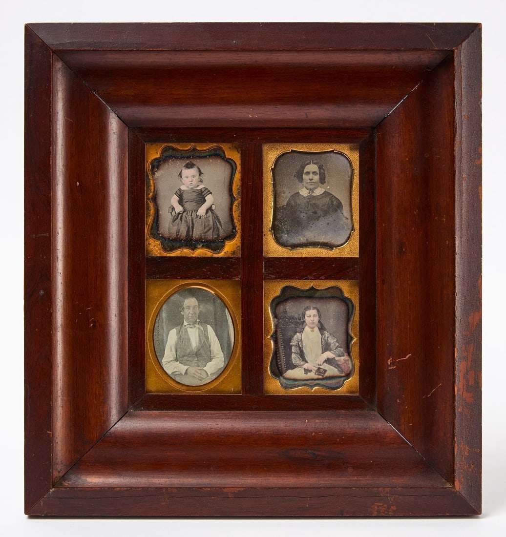 Morris Moses - Daguerreotype Wall Frame: Four-image wood wall frame with four 1/6 plate daguerreotype portraits. Images appear to be original to the frame with original wood backings in place. One image has studio stamp for Morris (active