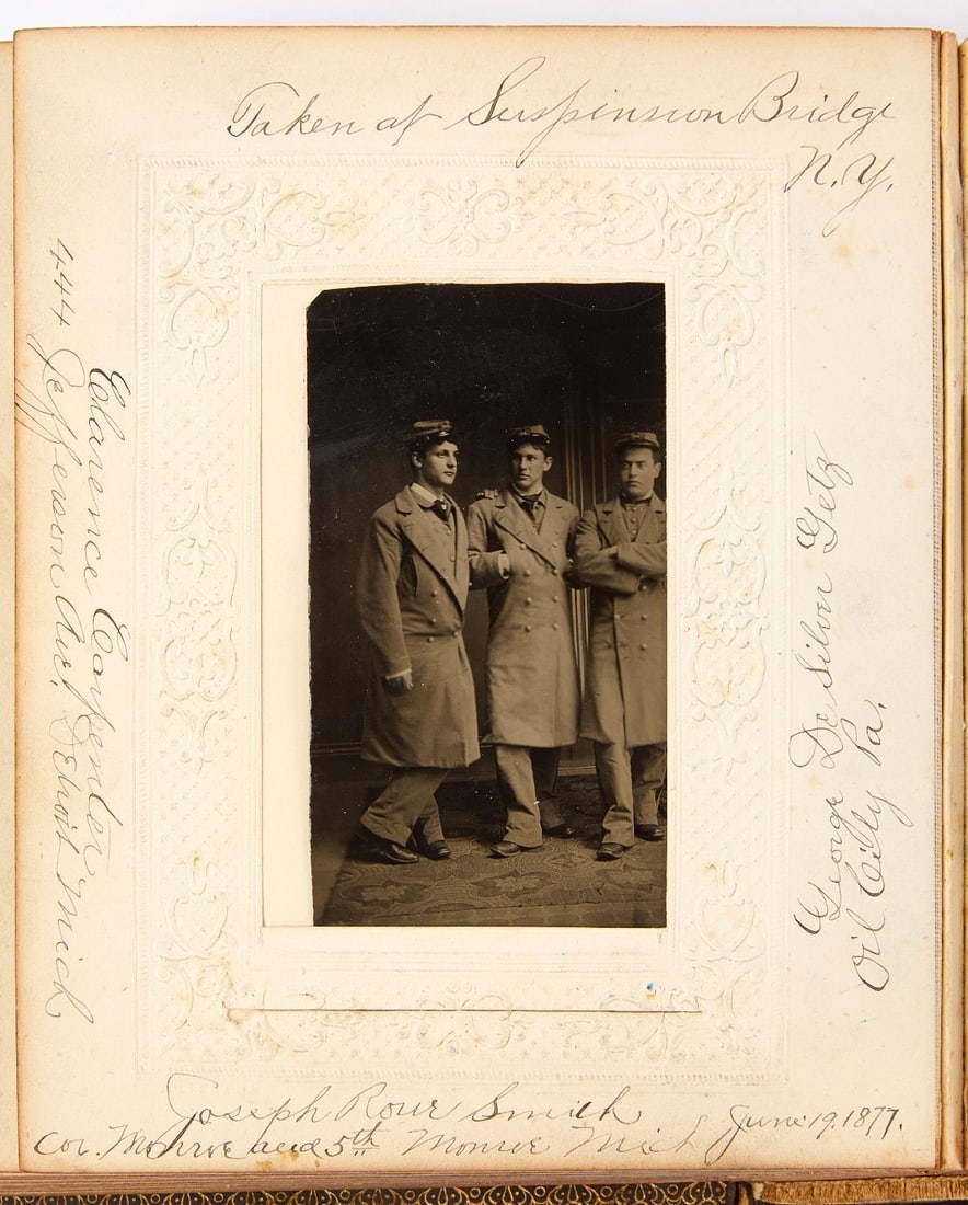 Early Photo Album with US Military Generals and Surgeons: Early photo album (CDV and Tintype) with Civil War era US military generals, surgeons, and other identified persons. Each page embossed in the LL corner 'Tolle & Fils'. Some names include