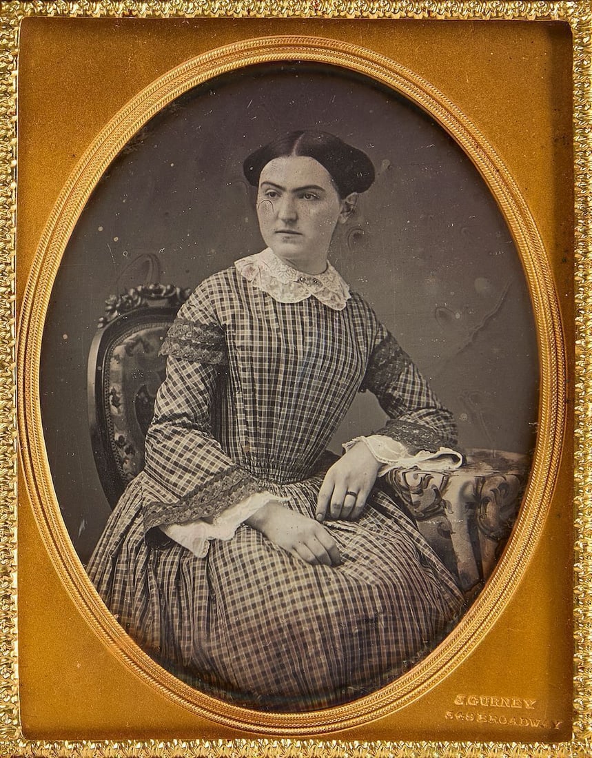Jeremiah Gurney - Daguerreotype Portrait of Ophelia d'Aubigne with Related Drawing: Jeremiah Gurney (New York, 1812–1895) - Quarter plate daguerreotype portrait of an identified woman, Ophelia Merle d'Aubigne (New York, 1835–1893). Mat stamped with the J. Gurney studi