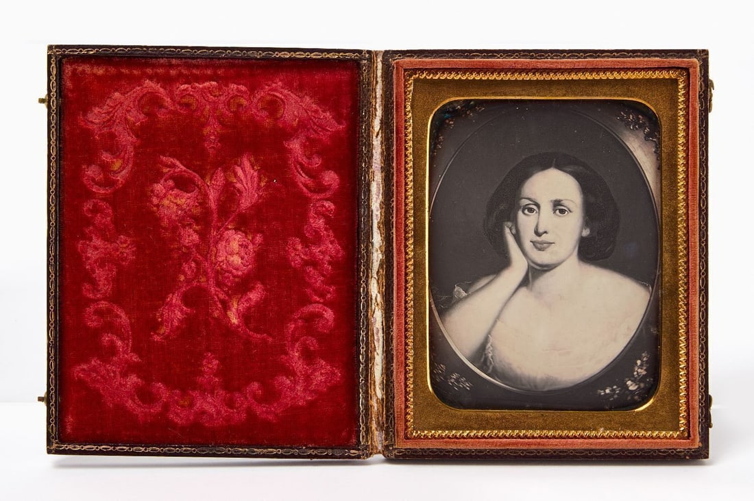 Daguerreotype of a Thomas Sully Painting: 1/4 plate daguerreotype copy of a Thomas Sully (Pennsylvania, 1783–1872) portrait painting of a woman. Frame is captured on the plate as well. Under mat, glass, and preserver. Housed in a f