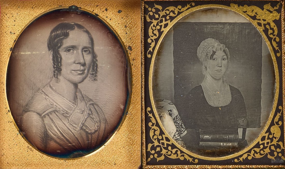 Two Daguerreotypes of Folk Art Painted Portraits of Women: Two Daguerreotypes of Folk Art Painted Portraits of Women. 1/6 plate in a full leatherette case under pebbled mat. American, circa 1845. Example on right in first image is show