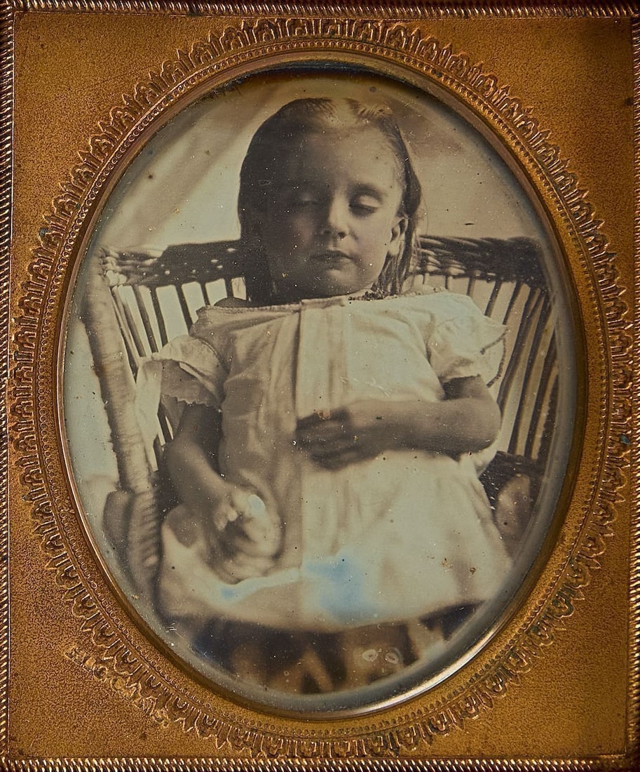 Oscar T. Higgins - Post Mortem Daguerreotype of a Girl: Oscar T. Higgins (Boston, active 1854–1864), sixth plate daguerreotype portrait of a girl shown in an unusual upright seated position. Mat stamped 'Higgins'. Housed in a full latched lac