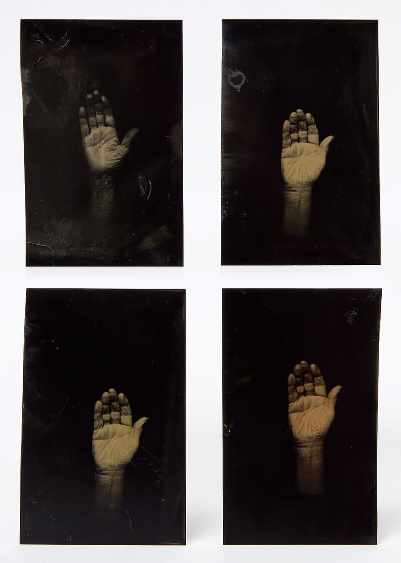Set of Four Tintype Photographs of Hands: Set of four tintype photographs of hands. American, circa 1940. Each: H 4 in. W 2-3/4 in. These images, due to the experimental nature and composition, and the grade of metal used, appear to be early 