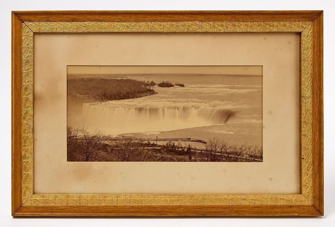 George Barker - Photographic View of Niagara Falls: George Barker (American, 1844-1894), Albumen photographic view of niagara falls. Stamped 'Barker Photographer' to LR. Modern mat and frame. New York, circa 1885. Frame: H 14 in. W 21-1/8 in.