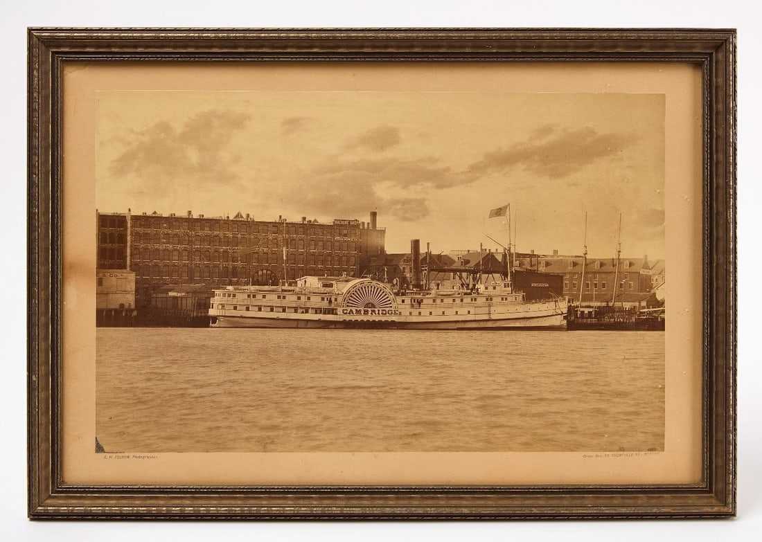 A. H. Folsom - Paddlewheel Steamer 'Cambridge' at Foster's Wharf: Augustine H. Folsom (1846–1926), Albumen photo print on board of the paddlewheel steamer 'Cambridge' shown docked at/near Foster's Wharf. Stamped by photographer to LL and Boston ord