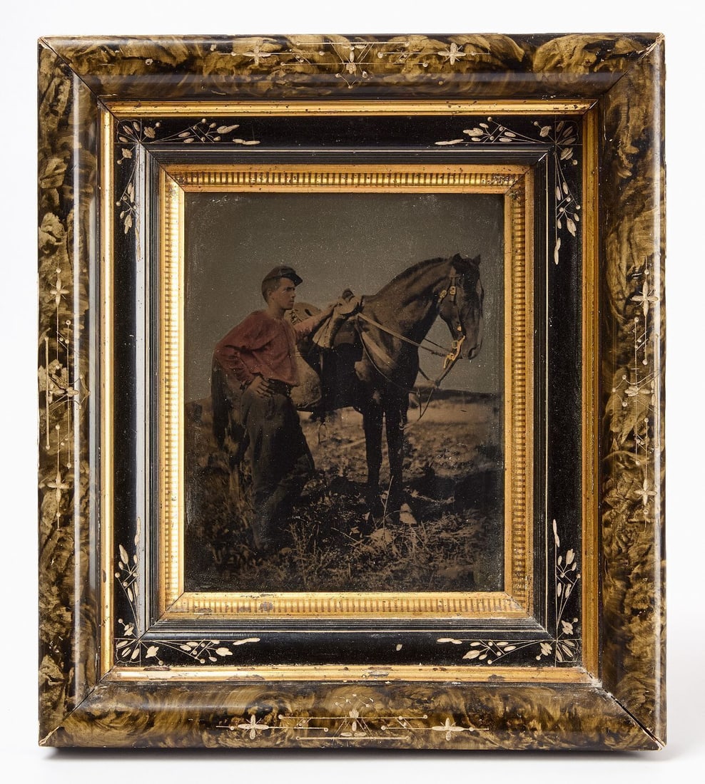Mammoth Plate Tintype of a Man with Horse: Mammoth plate tintype photograph of a man in a red shirt next to his horse. Applied hand coloring. Period eastlake frame. American, circa 1880. Frame: H 16-3/4 in. W 14-1/2 in. Sight: H 9-1/2 in. W