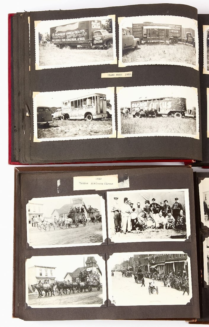 Two Circus Photo Albums: Two circus photo albums assembled by George A. Lanphear of North Stonington, Connecticut. Approximately 230 photos inside the brown album, and approximately 170 in the red album. Most photos are accom