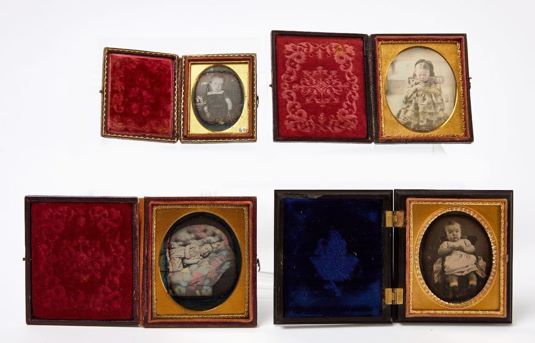 Four Daguerreotypes of Children: Four daguerreotypes of young children. One 1/6 plate 'hidding mother', showing a seated girl in a layered dress on a paint-decorated chair, with the mother's hair behind. One 1/6 plate of 