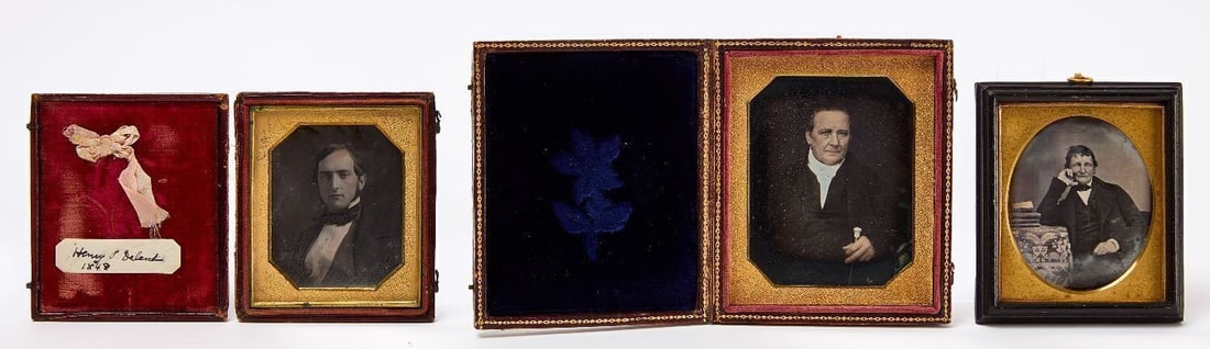 Three Fine Daguerreotype Portraits of Men: Three fine daguerreotype portraits of men. 1/4 plate portrait of a man holding a walking stick (full case). 1/6 plate portrait of an identified man, Henry S. Deland, dated 1848 (full case). 1/6 plate 