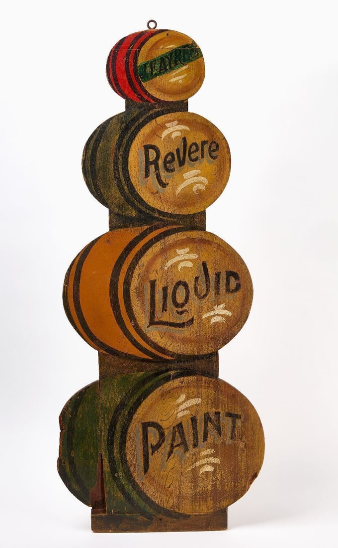Revere Liquid Paint Trade Sign: 'J. Fayres Revere Liquid Paint'. Double-sided painted wood designed to resemble a stack of four graduated paint barrels. American, late 19th century. H 51 in. W 20-3/4 in. 
