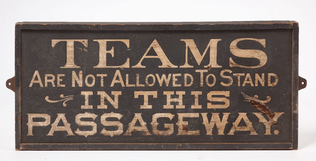 Early Athletic Field Passageway Sign: Early athletic field sign. Single sided paint on wood. Remnants of smaltz background. 'Teams Are Not Allowed To Stand In This Passageway'. Each line features a different style of letterin