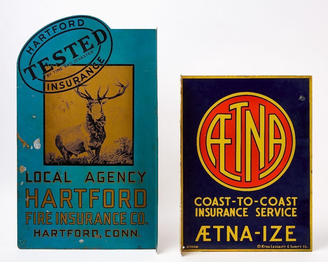 Two Insurance Company Flange Signs: Two insurance company flange signs. Hartford fire insurance double-sided metal with stag graphic. Together with a double-sided AETNA flange by Nelke Signs NY. American, circa 1930-40. H 26-3/4 in. W 1
