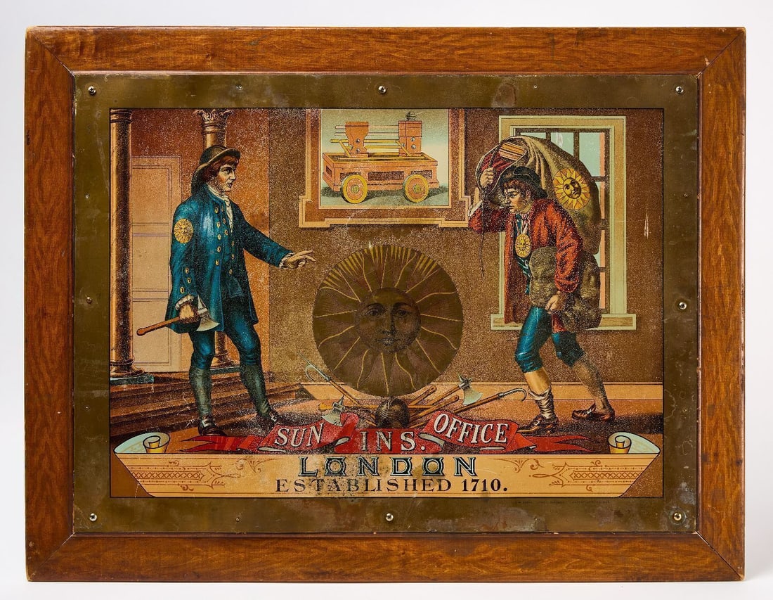 Sun Insurance Office Sign with Related Rare 1778 Insurance Policy: Sun Insurance Office sign. Single-sided lithograph on tin by Chas. W. Shonk Co (Chicago, IL) mounted to wood panel. Together with an early Sun Insurance document with top graphic matching that of the 
