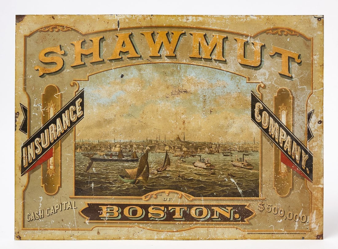 Shamut Insurance Company Sign - Wells & Hope Co: Shamut Insurance Company sign. Single sided lithograph on tin by Wells& Hope Company (signed to LR). Central graphic depicts boats and steam ships coming into the Boston harbor. Manufactured in Ph