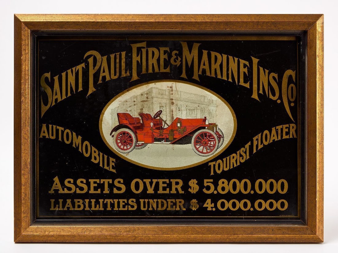 Saint Paul Fire & Marine Insurance Company Sign: Saint Paul Fire & Marine Insurance Company sign. Single-sided lithograph on tin with central red autocar/early automobile graphic. By NY Metal Ceiling Co. American, early 20th century. Modern fram