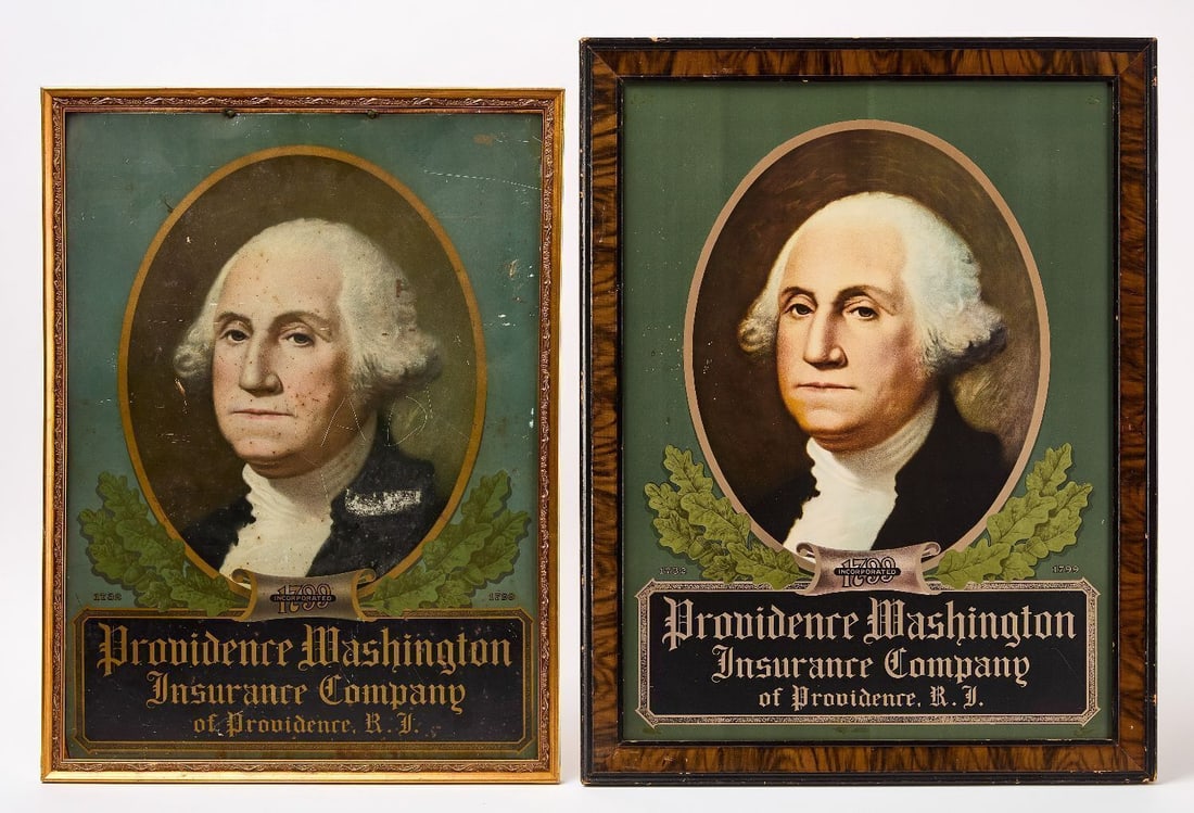 Two Providence Washington Insurance Company Signs: Two Providence Washington Insurance Company signs. Lithograph on tin printed by maker in LL corner 'American Art Works, Inc.' Framed without glass. American, first quarter of the 20th