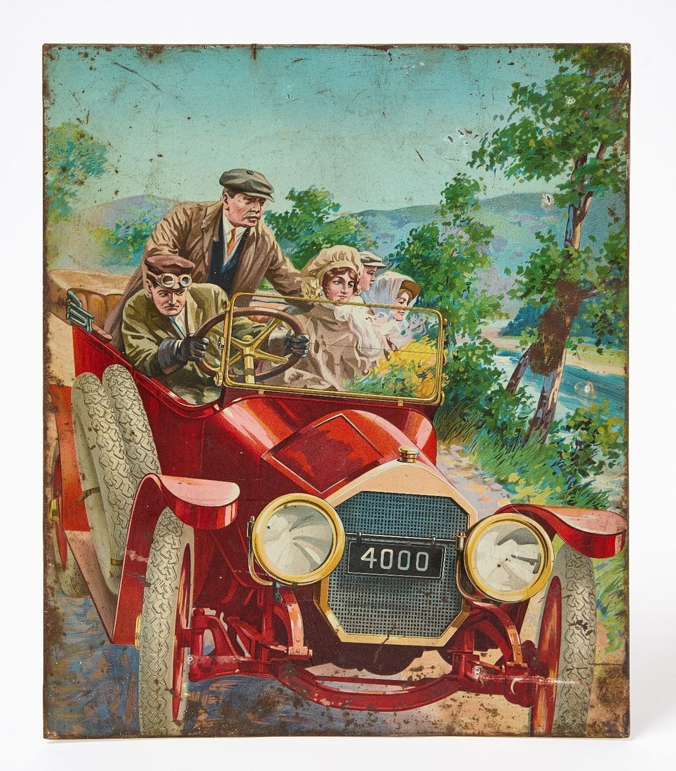 Marathon Tires Tin Lithograph Sign: Marathon Tires 'Angle Tread' sign. Single-sided lithograph on tin with an early automobile graphic. Modern frame. American, circa 1915. H 15-7/8 in. W 13-3/8 in.
