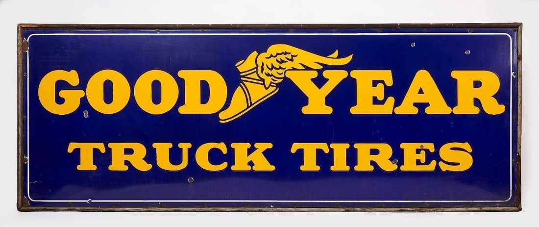 Good Year Truck Tires Porcelain Sign: Good Year Truck Tires single-sided porcelain sign. Old likely original wood frame. Stamped on reverse. American, circa 1950. H 36 in. W 95-1/2 in.