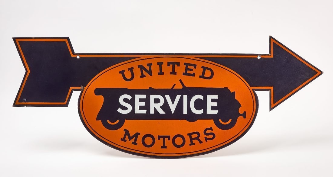 United Motors Service Porcelain Arrow Sign: United Motors Service arrow sign with automobile graphic. Double-sided porcelain. American, mid 20th century. L 15 in. W 41-1/2 in.