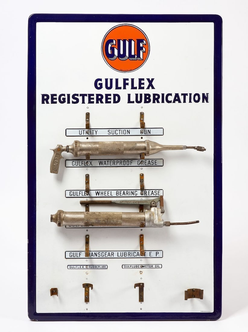 Gulf Gulflex Registered Lubrication Porcelain Grease Gun Rack: GULF 'Gulflex Registered Lubrication' porcelain grease gun rack. Stamped Ing-Rich Beaver Falls PA. Includes two Gulf grease guns. circa 1940. H 50 in. W 31-3/4 in.