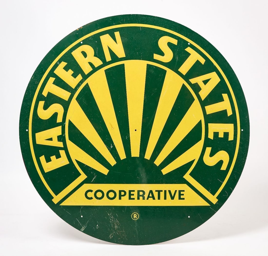 Eastern States Cooperative Sign: Eastern States Cooperative sign with their iconic sunrise graphic. Embossed metal. American, circa 1960. Dia 48 in.
