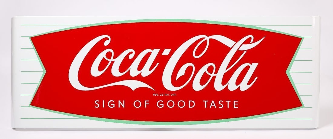 Coca Cola 'Sign of Good Taste' Porcelain Sign: Coca Cola 'Sign of Good Taste' porcelain sign. Fishtail graphic. Single sided with curved ends ('sled' shape). American, circa 1950-60. H 24 in. L 67 in. Provenance: Collection