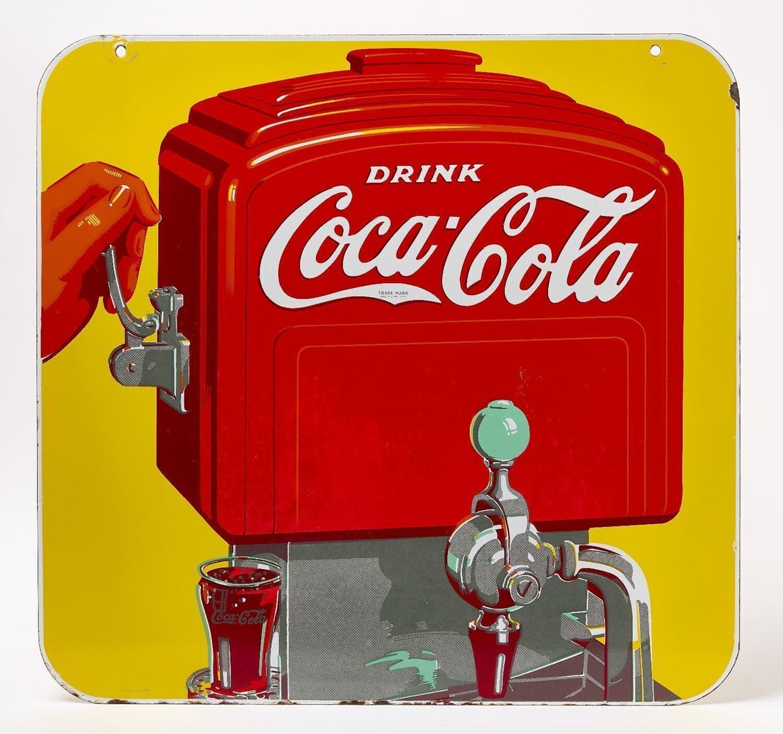 Coca Cola Fountain Service Sign: Coca-Cola fountain service sign depicting a hand operating a fountain machine lever. Double-sided porcelain (DSP). American, circa 1940 (stamped with date). H 25-1/4 in. W 26-1/4 in. Provenance: