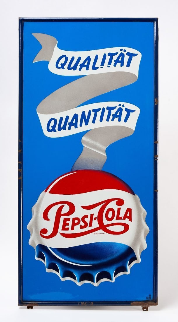 German Pepsi-Cola Porcelain Sign: Pepsi-Cola single-sided porcelain sign with bottlecap graphic and banner/ribbon. German, circa 1960. H 39-1/4 in. W 18-3/4 in. Provenance: Collection of Paul and Dodi Algiers (Massachusetts, USA).