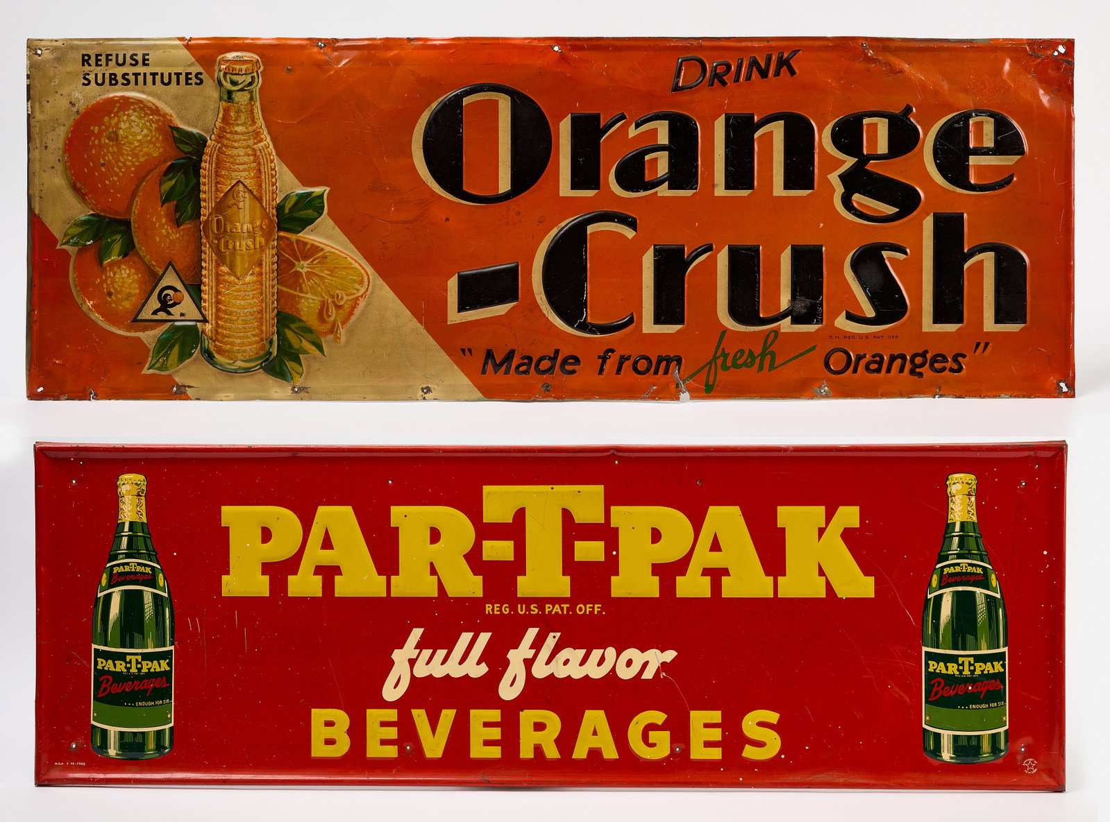 Par-T-Pak Beverages Sign and Orange Crush Sign: Two graphic soda beverage signs. Par-T-Pak beverages with a bottle graphic on each end. Together with a orange crush sign with bottle and fruit graphics. Both single-sided embossed tin. American,