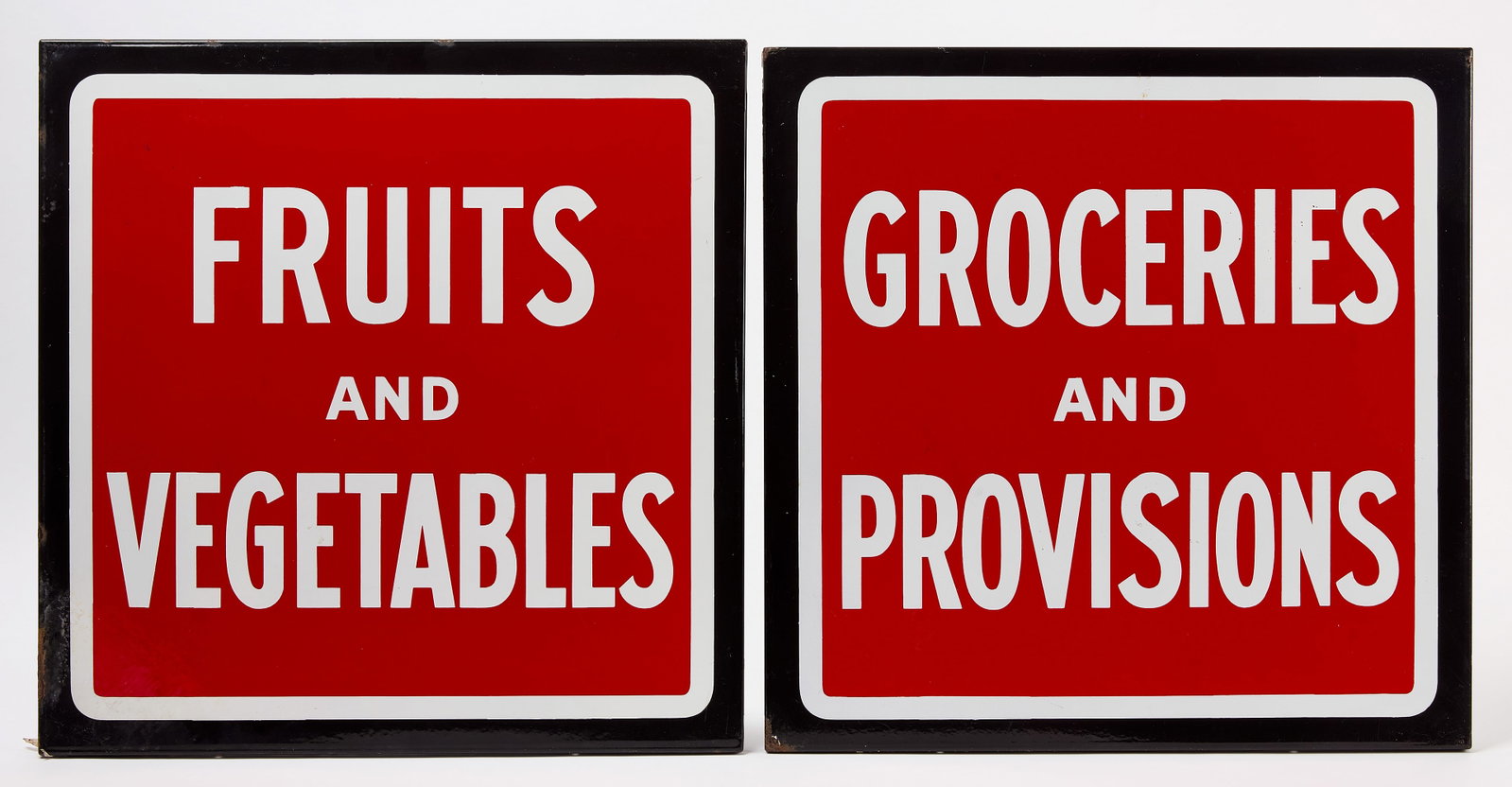 Pair of Produce Store Porcelain Signs: Pair of produce store signs. Single-sided porcelain in red and white colors - one reading 'Groceries and Provisions'. The other reading 'Fruits and Vegetables'. American, mid 20th