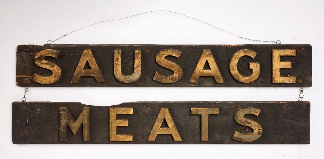 Sausage Meats Two-Part Trade Sign: Sausage Meats two-part trade sign. Single-sided signs with individually carved, painted, and applied block letters on wood boards. American, early 20th century. Ea: H 6-1/2 in. W 46-1/4 in.