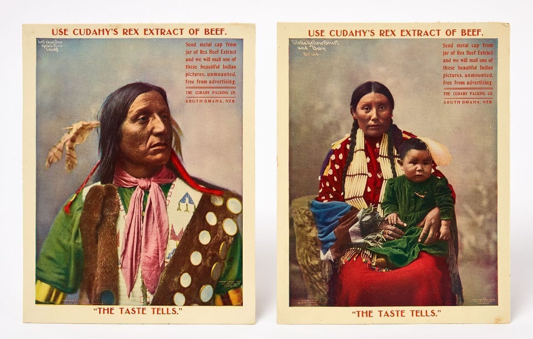 Two Cudahy Rex Celluloid Signs with Native Americans: Two easel-back signs for Cudahy Rex extract of beef. Celluloid with printed Native American photographs. One depicting 'Stella Yellow Shift and Baby', the other depicting Sioux Chief