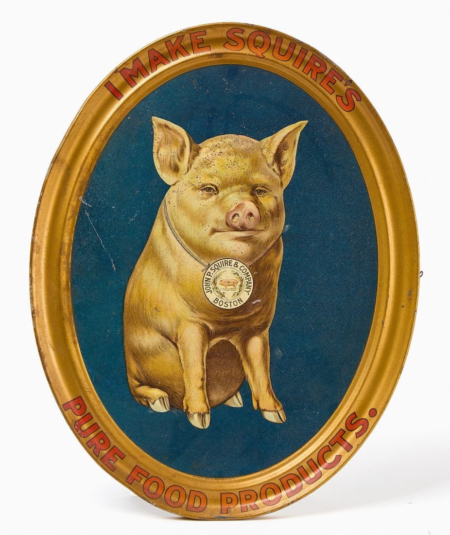 Squires 'Pure Food Products' Sign with Pig: Squires sign with pig graphic. 'I Make Squire's Pure Food Products'. Paint on tin. Single-sided. American, early 20th century. H 18-3/8 in. W 14-1/2 in.