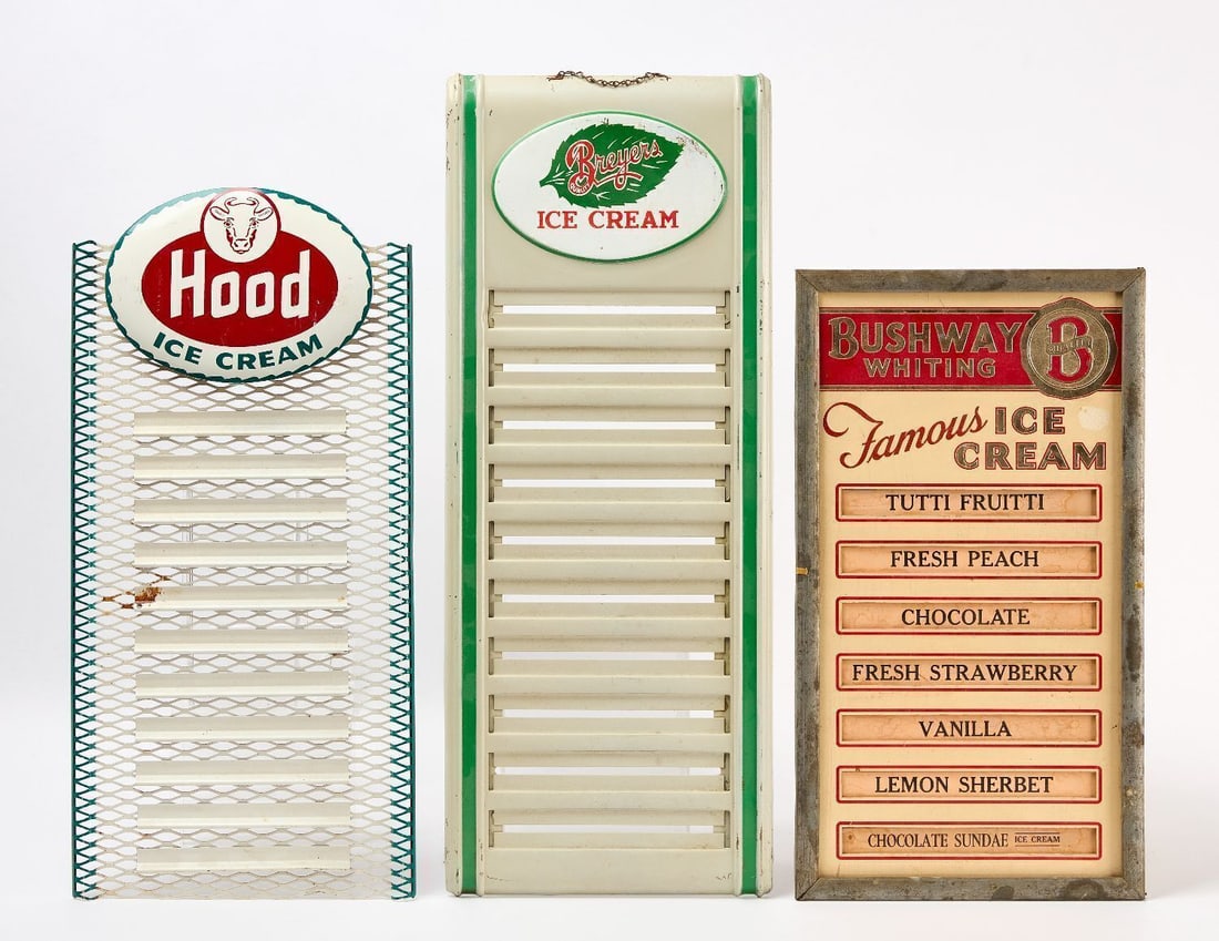 Three Ice Cream Menu Boards: Three ice cream menu boards. Hood, Breyers, and Bushway Whiting. American, mid 20th century. H 23-3/8 in. W 11-1/4 in. H 27-1/4 in. W 10-3/4 in. H 20-3/4 in. W 11-1/2 in. Provenance: Collection of Pau