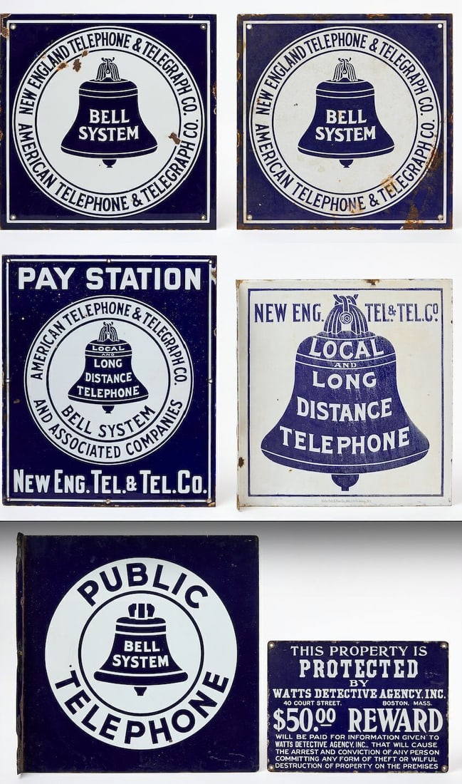 Five Telephone Porcelain Signs and Watts Detective Agency Sign (1 of 8)