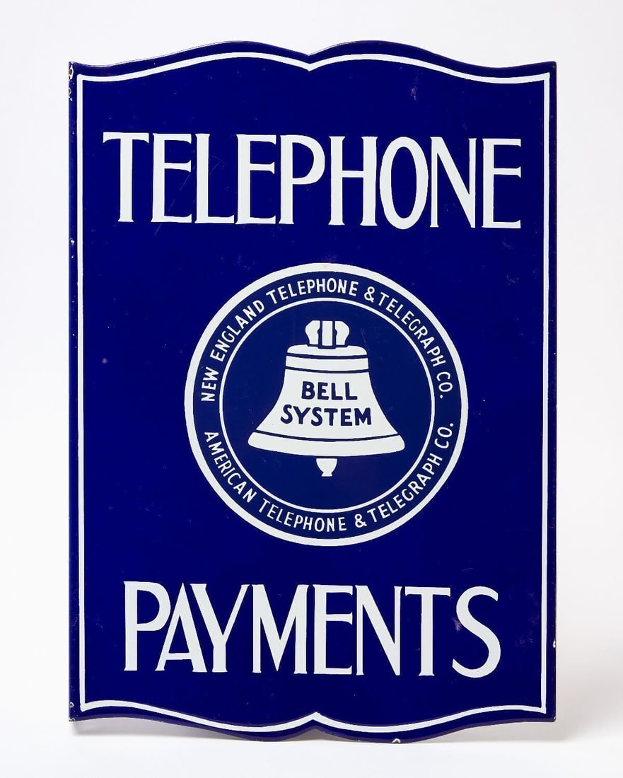 New England Telephone & Telegraph 'Payments' Flange Sign: Double-sided porcelain flange sign 'Telephone Payments'. Features graphic emblem for New England Telephone & Telegraph Co. and American Telegraph & Telephone Co. circa 1930. H 20 in. W