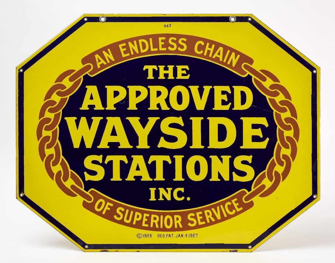 Approved Wayside Stations Service Station Porcelain Sign: The Approved Wayside Stations sign. Double-sided porcelain. American, circa 1920. H 22 in. W 28 in. Provenance: Collection of Paul and Dodi Algiers (Massachusetts, USA).