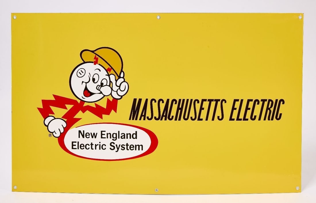 Massachusetts Electric Porcelain Sign with Reddy Kilowatt: Massachusetts Electric porcelain sign with graphic of mascot Reddy Kilowatt. New England Electric System. Single sided with yellow porcelain ground. circa 1960-70. H 29-3/4 in. W 48 in. Provenance: