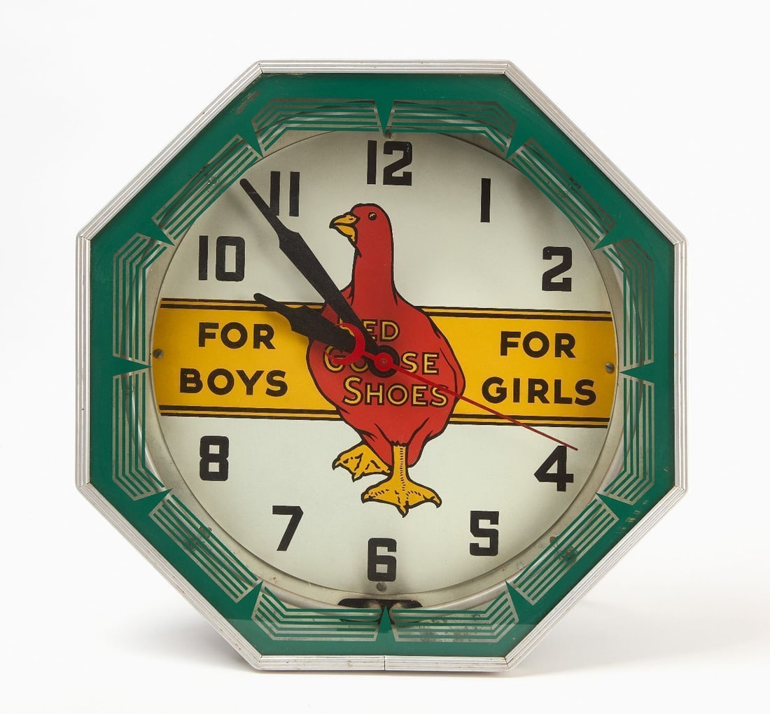 Red Goose Shoes Neon Clock: Red Goose Shoes octagonal neon clock. 'For Boys, For Girls' can be read on either side of the graphic on the dial. American, mid 20th century. H 18-1/4 in. W 18-1/4 in. D 6-1/2 in.